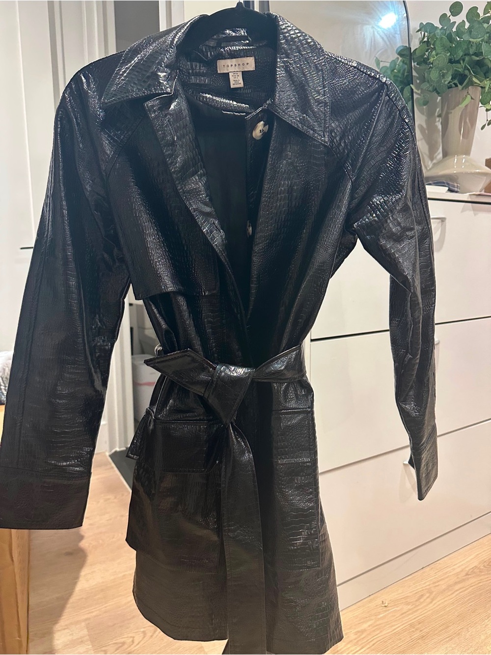 Topshop Black Faux Leather Croc-Embossed Belted Trench Coat
